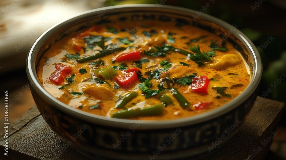 A bowl of creamy chicken curry with vegetables, garnished with fresh herbs. A bowl of creamy chicken curry with vegetables, garnished with fresh herbs.