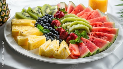 A colorful platter of assorted fresh fruits including sliced watermelon, pineapple photo