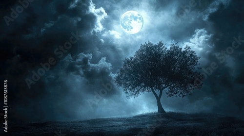 Silhouette of a lone tree under a sky with dark, brooding clouds and a faint moonlight casting a mysterious glow over the landscape.