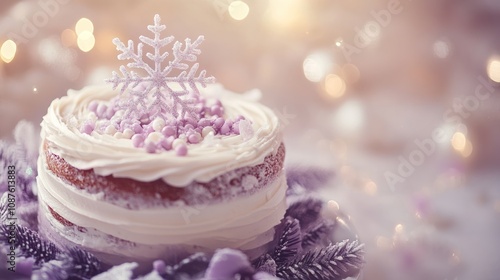 A beautifully decorated cake with a snowflake motif, ideal for winter celebrations.