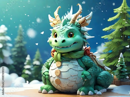 8K Ultra HD anime-style dragon and snowman Christmas card with soft tones, blue background, featuring a spruce tree in snow.