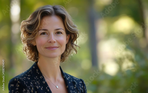 Professional Outdoor Elegant Woman with Short Curly Brown Hair Friendly Smile Floral Print Jacket in Park Setting with Soft Focus Bokeh Background