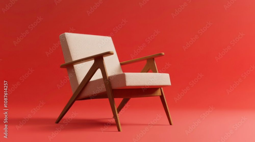 A white armchair with wooden arms and legs sits on a bright red background. A white armchair with wooden arms and legs sits on a bright red background.