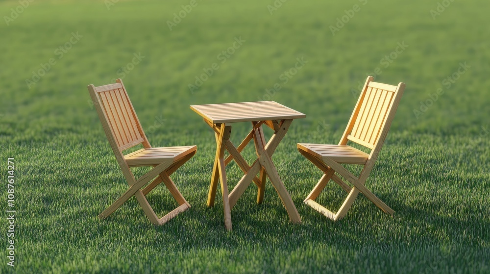 Fototapeta premium Simple wooden chairs and table set on a grassy lawn in a garden, perfect for a relaxing outdoor dining experience.