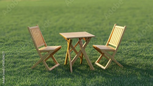 Simple wooden chairs and table set on a grassy lawn in a garden, perfect for a relaxing outdoor dining experience.