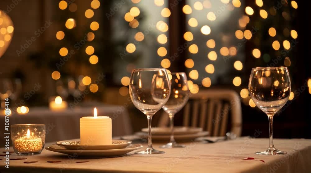 Elegant dining table setting with candles, glasses, and warm fairy lights for a romantic atmosphere Elegant dining table setting with candles, glasses, and warm fairy lights for a romantic atmosphere