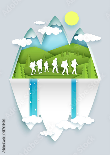 Trekking and hiking adventure tourism papercut poster. People traveler hiker with equipment enjoying mountain discovery and exploration craft origami art vector illustration