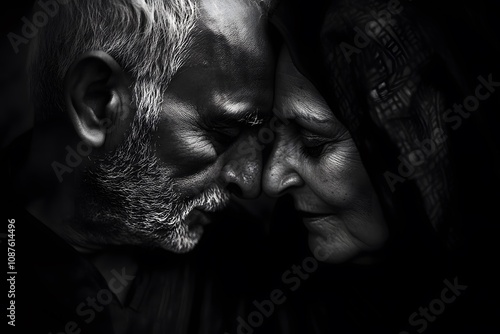 a tender moment of an elderly couple in love, embracing amidst lush greenery in a peaceful outdoor setting