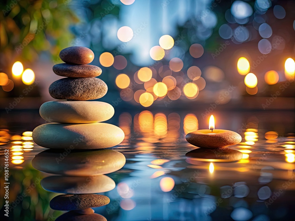 Serene Spa Still Life with Zen Stones and Candlelight Bokeh for Relaxation and Wellness