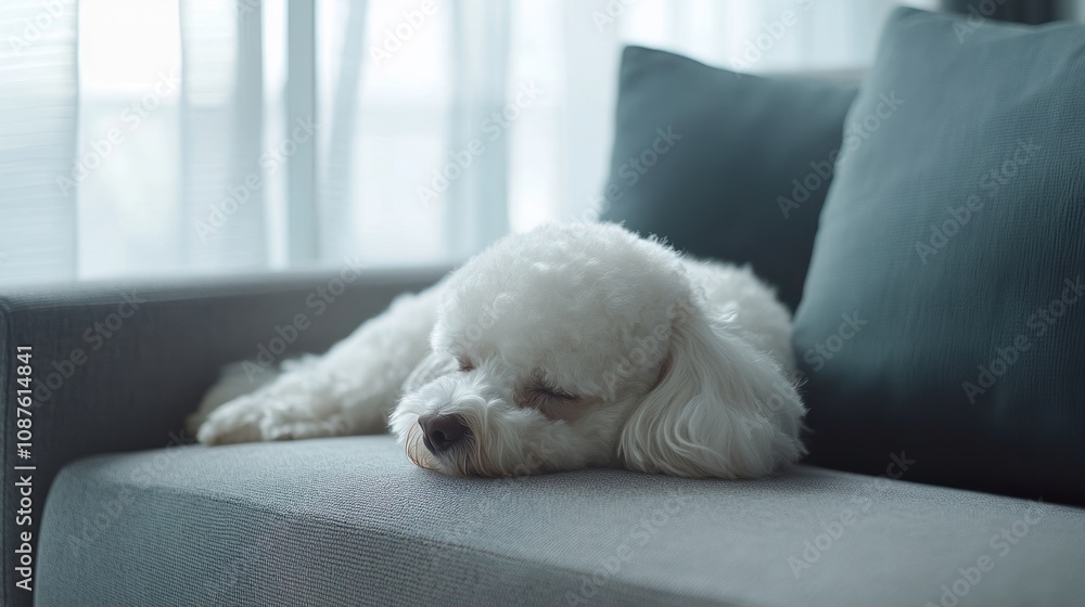 A fluffy white dog peacefully sleeps on a gray couch in a cozy indoor setting. A fluffy white dog peacefully sleeps on a gray couch in a cozy indoor setting.