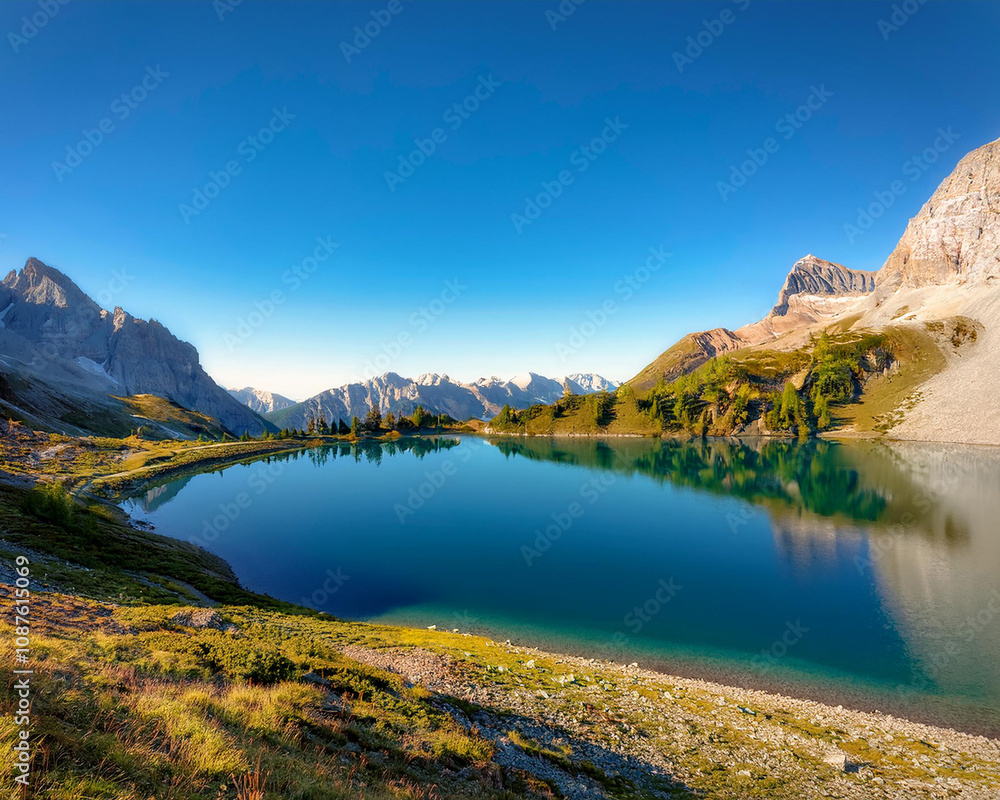 A tranquil lake surrounded by impressive mountains and vibrant grass, set against a sunny blue sky, ai. A tranquil lake surrounded by impressive mountains and vibrant grass, set against a sunny blue sky, ai.