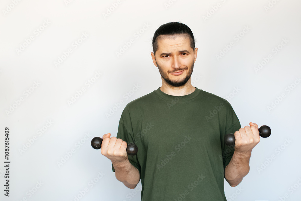 Portrait of young happy man with small dumbbells in hands on white background. Portrait of young happy man with small dumbbells in hands on white background.