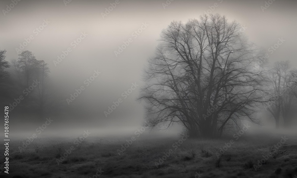 Foggy Mist in a dense, gray overlay on a dark landscape. Foggy Mist in a dense, gray overlay on a dark landscape.