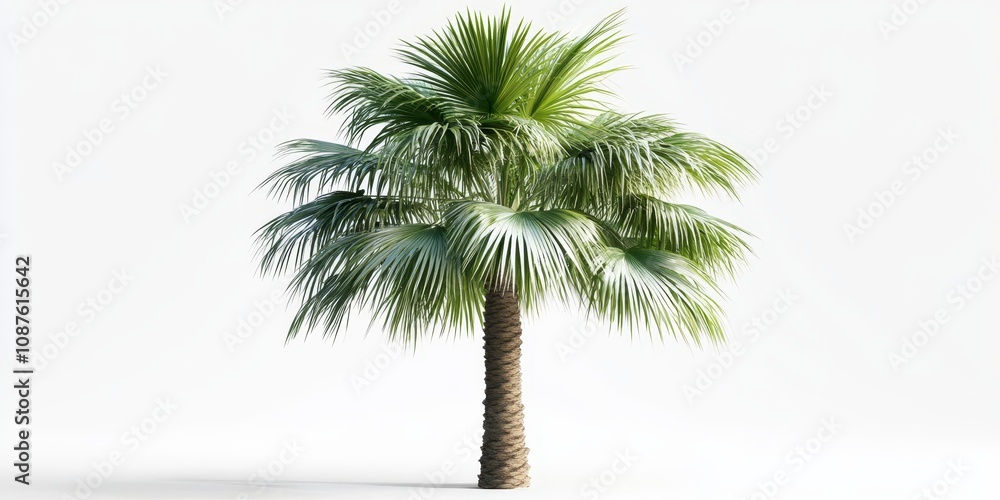 Naklejka premium Isolated green palm tree on a white background features a clipping path and alpha channel, showcasing the vibrant details of the green palm tree in a clean presentation.