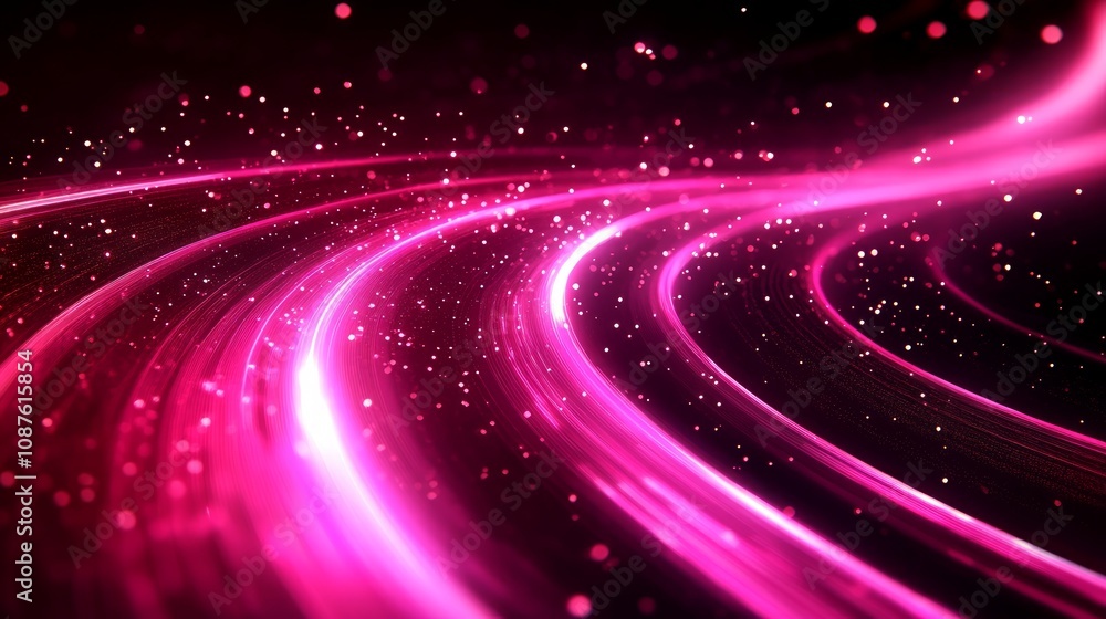 Abstract pink light trails swirl on dark background with sparkles. Abstract pink light trails swirl on dark background with sparkles.