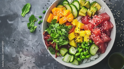 A colorful poke bowl with fresh ahi tuna, avocado