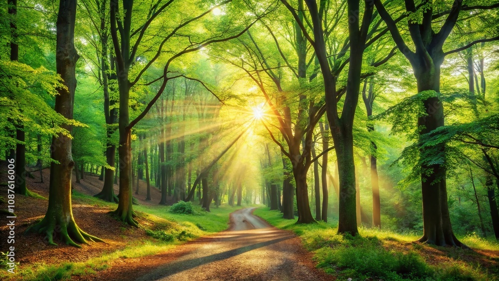 Naklejka premium Tranquil Forest Landscape Bathed in Golden Sunlight with Lush Green Foliage and Serene Atmosphere for Nature Lovers and Outdoor Enthusiasts in High-Resolution Quality