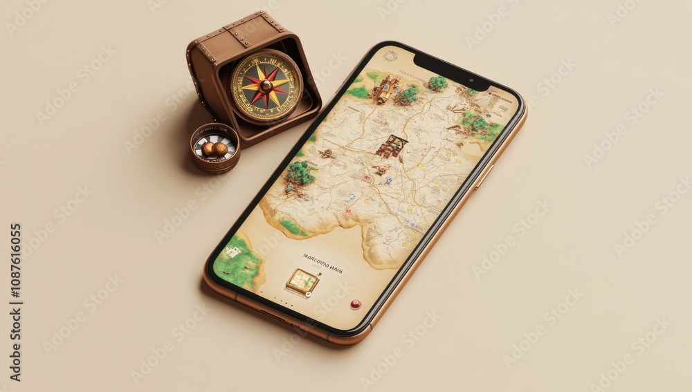 A smartphone displaying a map game, accompanied by a compass and decorative box. A smartphone displaying a map game, accompanied by a compass and decorative box.