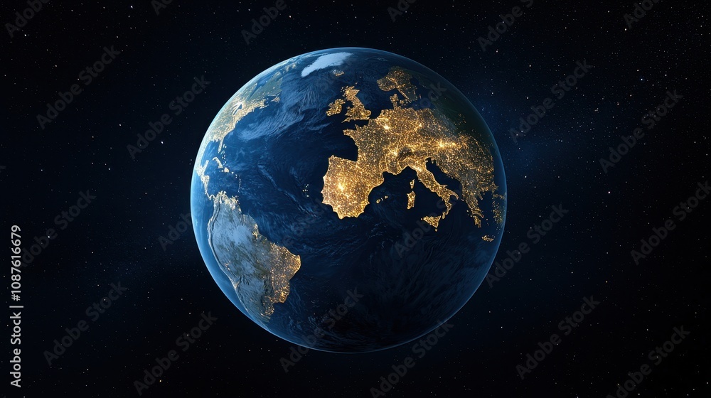 Obraz premium A vibrant view of Earth from space, showcasing illuminated continents and oceans against a dark backdrop.