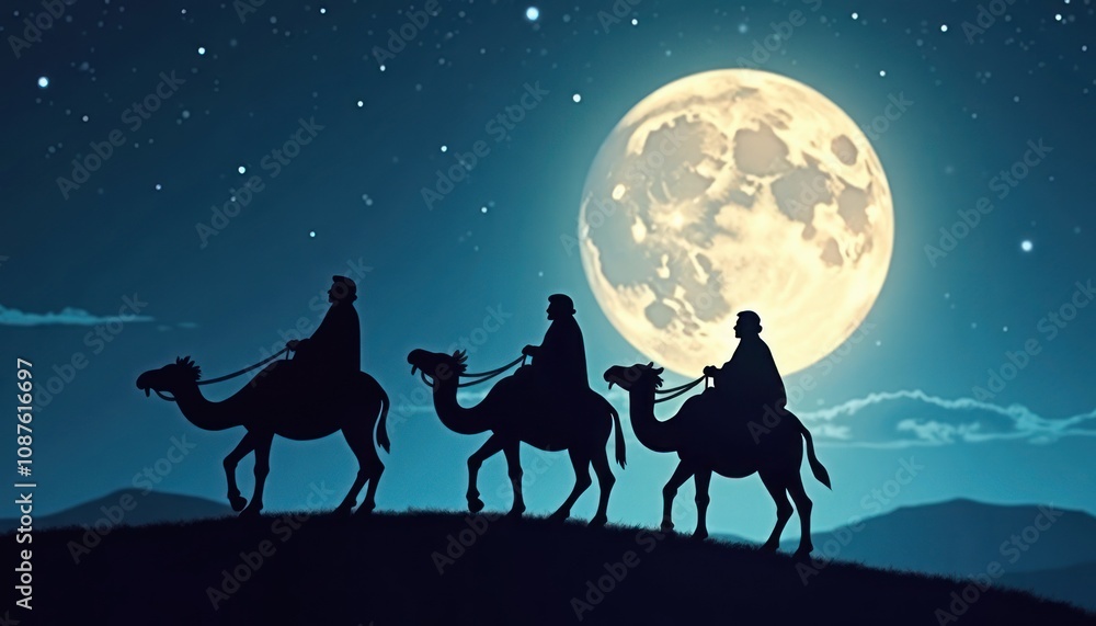 Three travelers on camels under a full moon and starry sky in the desert Three travelers on camels under a full moon and starry sky in the desert