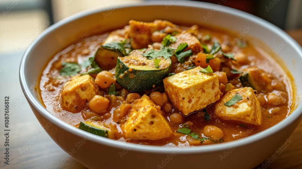 A bowl of hearty chickpea and paneer curry garnished with herbs. A bowl of hearty chickpea and paneer curry garnished with herbs.