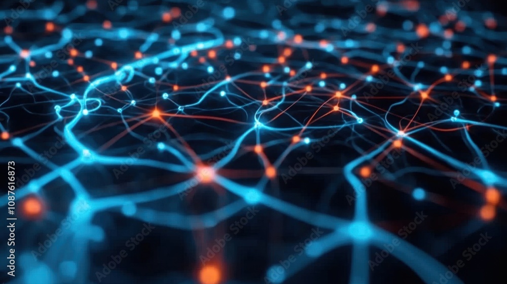 A vibrant network of interconnected nodes and lines, illuminated by blue and orange lights, showcasing a digital or abstract representation of data flow. A vibrant network of interconnected nodes and lines, illuminated by blue and orange lights, showcasing a digital or abstract representation of data flow.