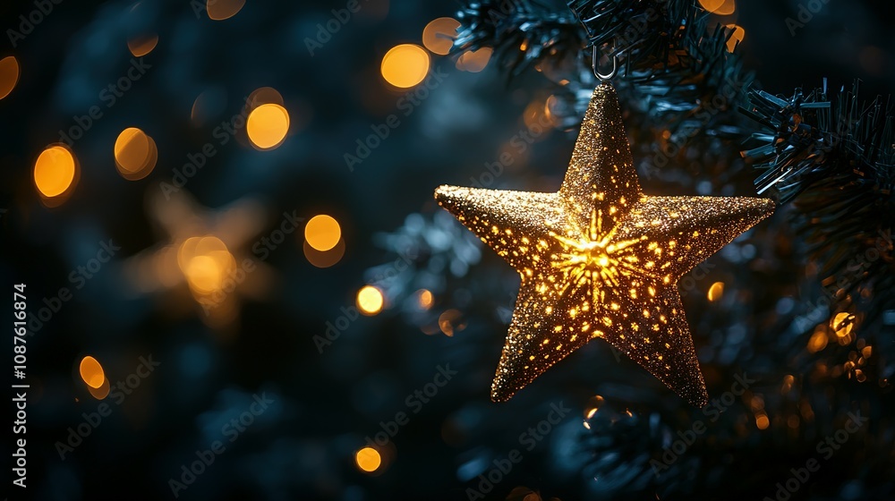Golden Star Ornament Illuminates Christmas Tree Golden Star Ornament Illuminates Christmas Tree