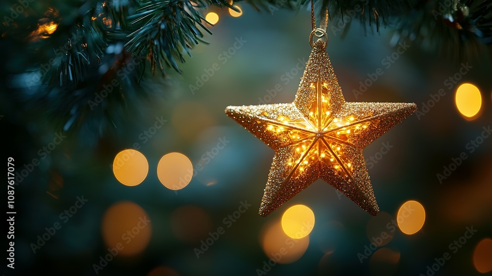Sparkling Gold Star Ornament Hanging On Christmas Tree Sparkling Gold Star Ornament Hanging On Christmas Tree