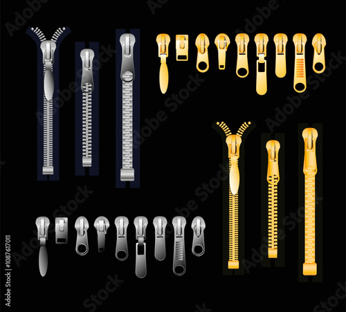 zipper Set of gold and silver metallic closed and open zippers and pullers realistic set isolated on black background vector illustration