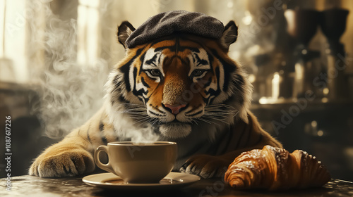 Whimsical and cozy tiger enjoying coffee and croissant, perfect for unique wall art, posters, and decoration, ideal for cafes and culinary themes. photo