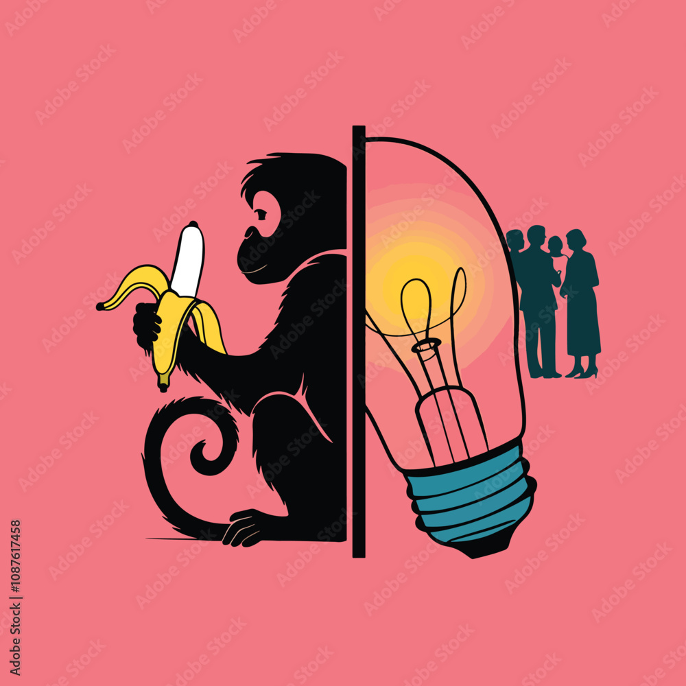 Obraz premium monkey art drawing with brain and banana colorful line art illustration