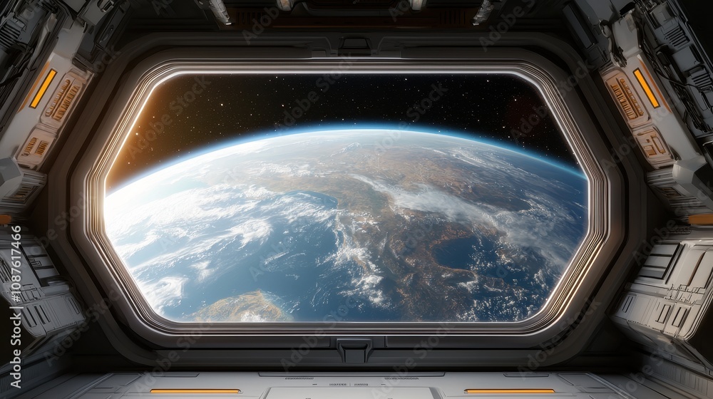 A stunning view of Earth from a spacecraft window, showcasing the planet's surface and features against a backdrop of space. A stunning view of Earth from a spacecraft window, showcasing the planet's surface and features against a backdrop of space.