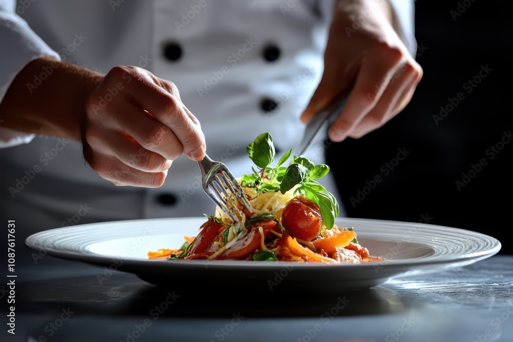 In a dimly lit kitchen, a chef carefully plates an exquisite dish, paying close attention to every detail as it rests on a white plate. In a dimly lit kitchen, a chef carefully plates an exquisite dish, paying close attention to every detail as it rests on a white plate.