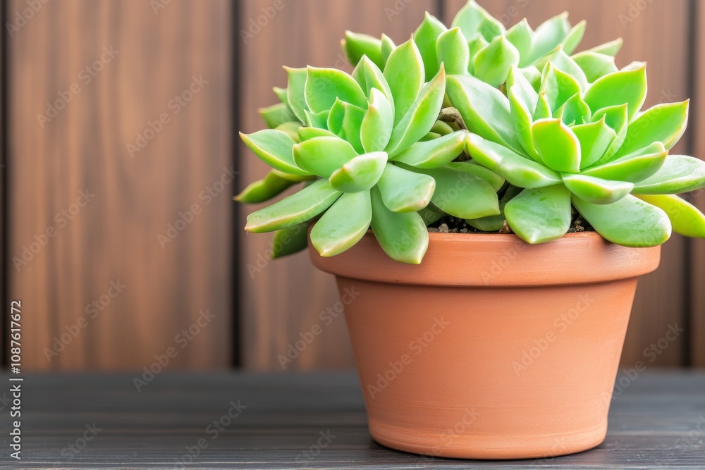 Close-up of terracotta pottery with vibrant green succulents on dark wooden table with natural lighting Close-up of terracotta pottery with vibrant green succulents on dark wooden table with natural lighting