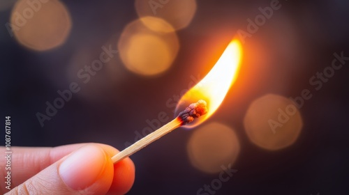 Burning Matchstick Held, Closeup Photography, Warm Flame, Bokeh Lights, Dark Background, Ignition, F