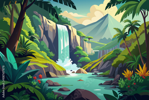 Waterfall flat vector illustration