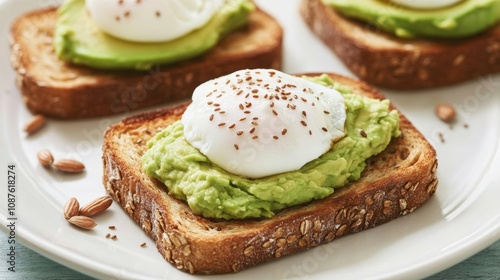 Delicious Avocado Toast with Poached Egg on Whole Grain Bread Garnished with Flaxseeds Perfect for Breakfast or Brunch Inspiration and Healthy Eating Ideas