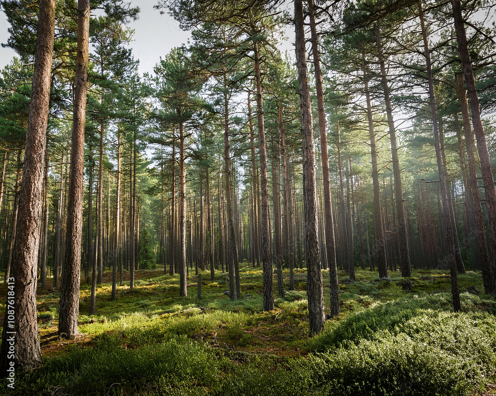 Fototapeta premium Morning fog envelops a dense pine forest, highlighting tall trees and grass, evoking a sense of mystery and tranquility, ai.
