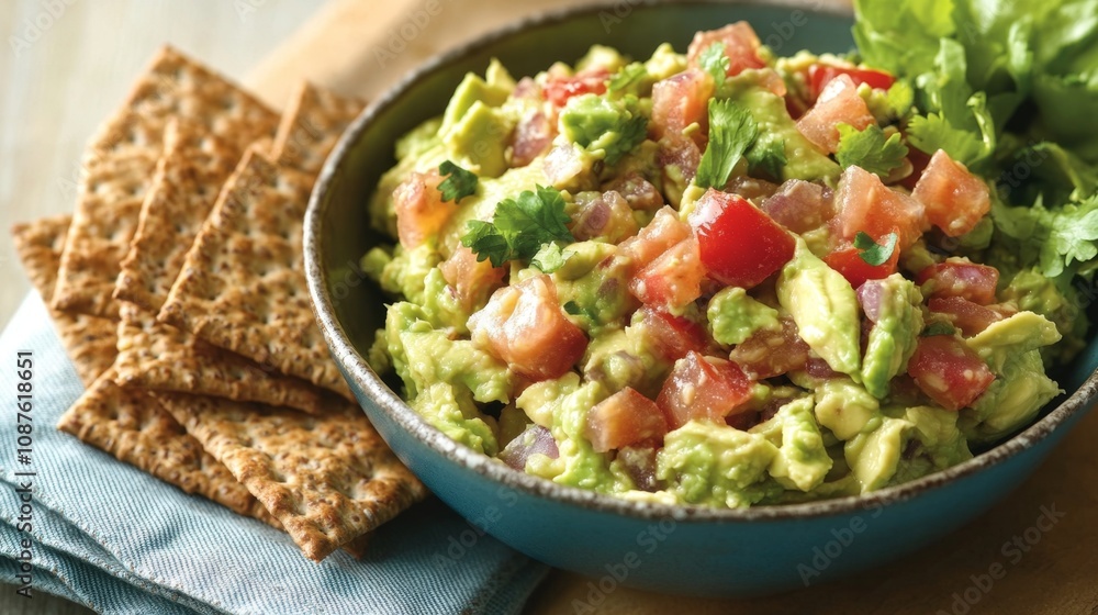 Fresh and Colorful Guacamole with Tomatoes, Onion, and Cilantro Served with Crunchy Crackers on a Wooden Table Background Fresh and Colorful Guacamole with Tomatoes, Onion, and Cilantro Served with Crunchy Crackers on a Wooden Table Background
