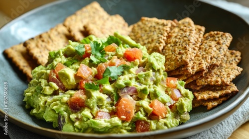 Freshly Made Guacamole with Diced Tomatoes Served with Crispy Crackers on a Stylish Plate Perfect for Healthy Snacking and Entertaining Guests