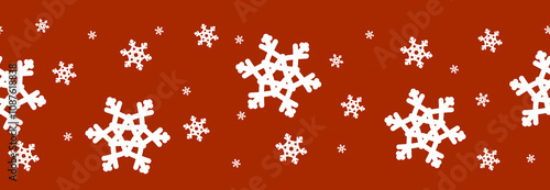 Christmas seamless edging border with snowflakes on red, new year ribbon design