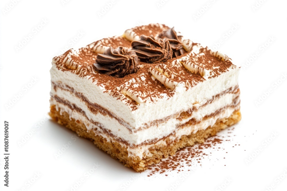 A delicious slice of layered dessert topped with chocolate and cocoa powder. A delicious slice of layered dessert topped with chocolate and cocoa powder.