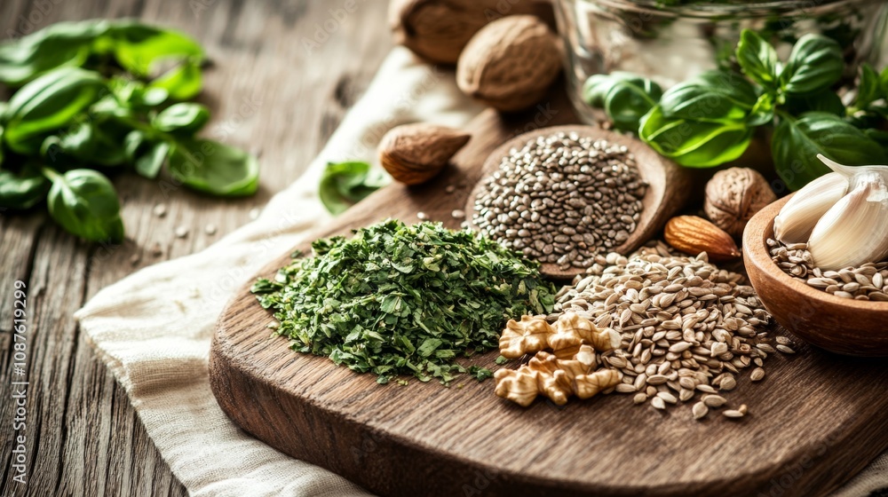 Fresh Natural Herbs and Seeds Displayed on a Rustic Wooden Cutting Board for Culinary Inspiration and Healthy Cooking Ideas Fresh Natural Herbs and Seeds Displayed on a Rustic Wooden Cutting Board for Culinary Inspiration and Healthy Cooking Ideas
