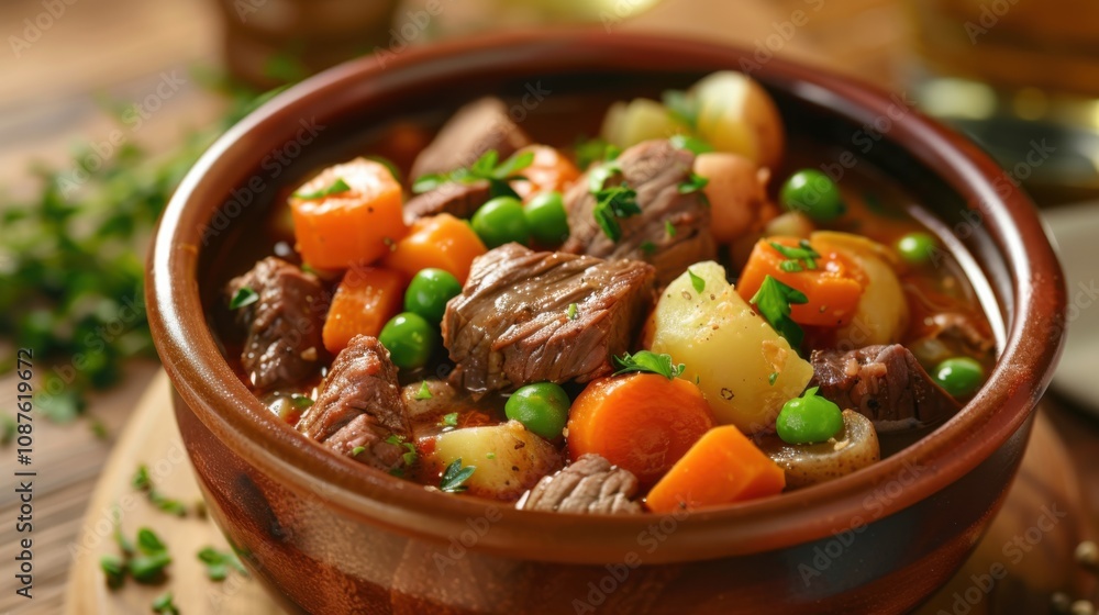 A comforting bowl of beef stew with tender chunks of beef, carrots A comforting bowl of beef stew with tender chunks of beef, carrots
