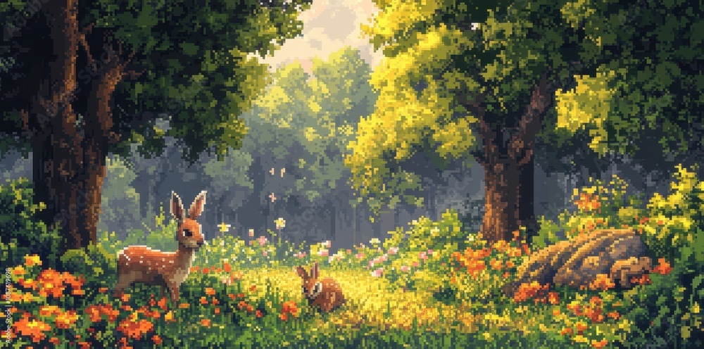 Obraz premium Lush Forest Landscape with Pixel Art Aesthetic Highlighting Playful Deer and Bunny Amidst Vibrant Flowers and Lush Greenery in a Serene Natural Environment