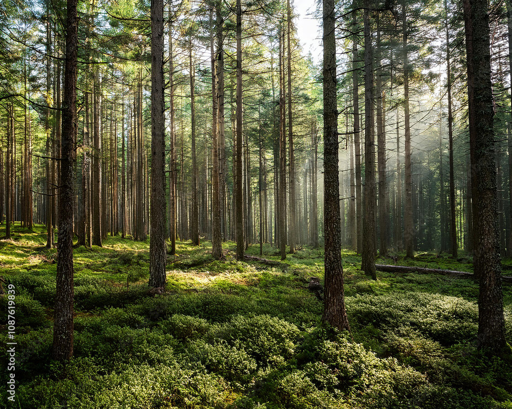 Obraz premium A misty pine forest at dawn, featuring towering trees and green grass, creating an enchanting and atmospheric scene, ai.