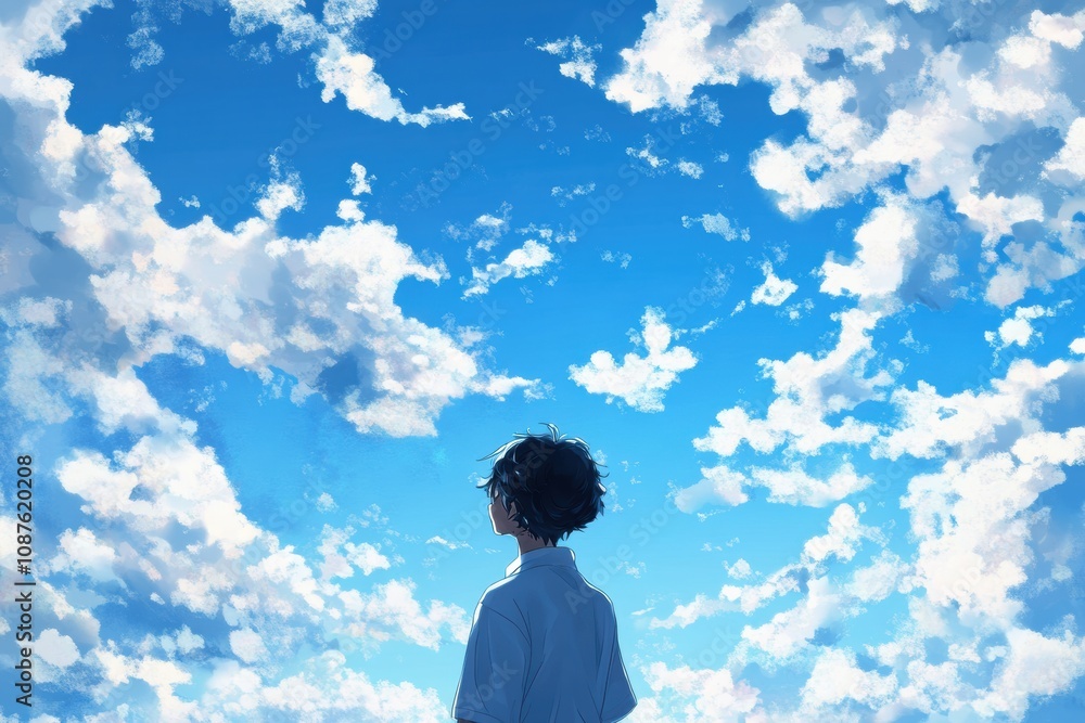 A young boy stands quietly, looking up at a bright blue sky scattered with soft white clouds on a peaceful afternoon. Generative AI A young boy stands quietly, looking up at a bright blue sky scattered with soft white clouds on a peaceful afternoon. Generative AI