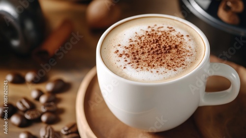 Close-Up of a Creamy Cup of Coffee Topped with Cocoa Powder on a Wooden Tray Surrounded by Coffee Beans and Aromatic Spices in a Cozy Setting