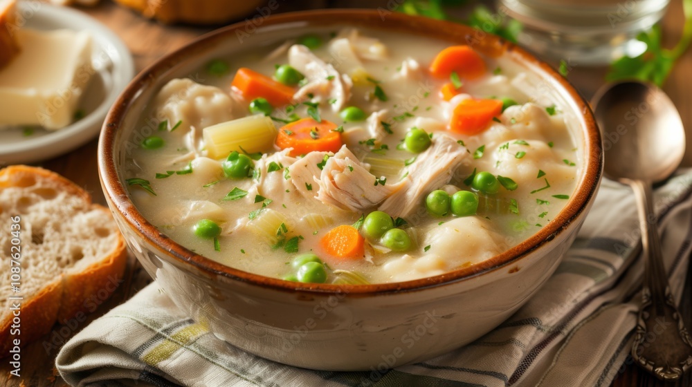 A comforting bowl of chicken and dumplings soup with tender pieces of chicken, fluffy dumplings A comforting bowl of chicken and dumplings soup with tender pieces of chicken, fluffy dumplings