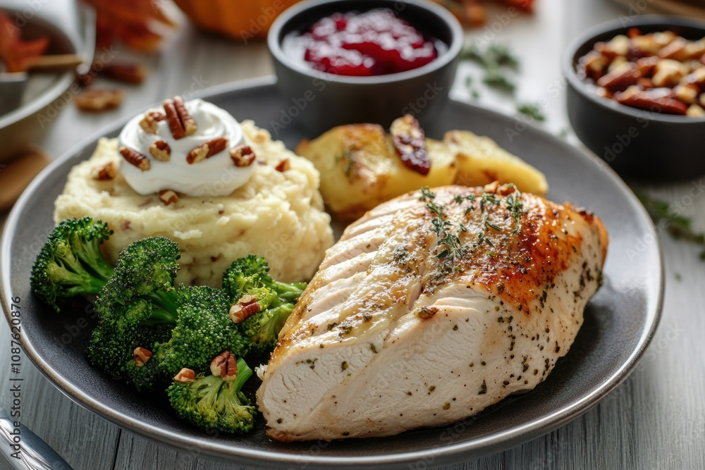 A delicious meal featuring chicken, mashed potatoes, broccoli, and cranberry sauce. A delicious meal featuring chicken, mashed potatoes, broccoli, and cranberry sauce.